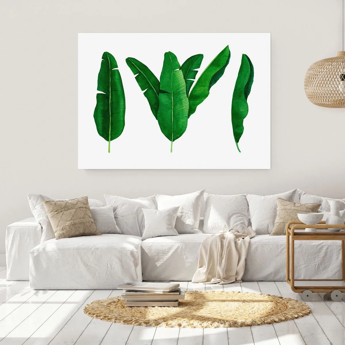 Poster - Drei Bananenblätter in künstlerischer Umsetzung - 100x70cm - Grüne Symmetrie - Moderne Wanddekoration für Wohnzimmer und Schlafzimmer ARTTOR