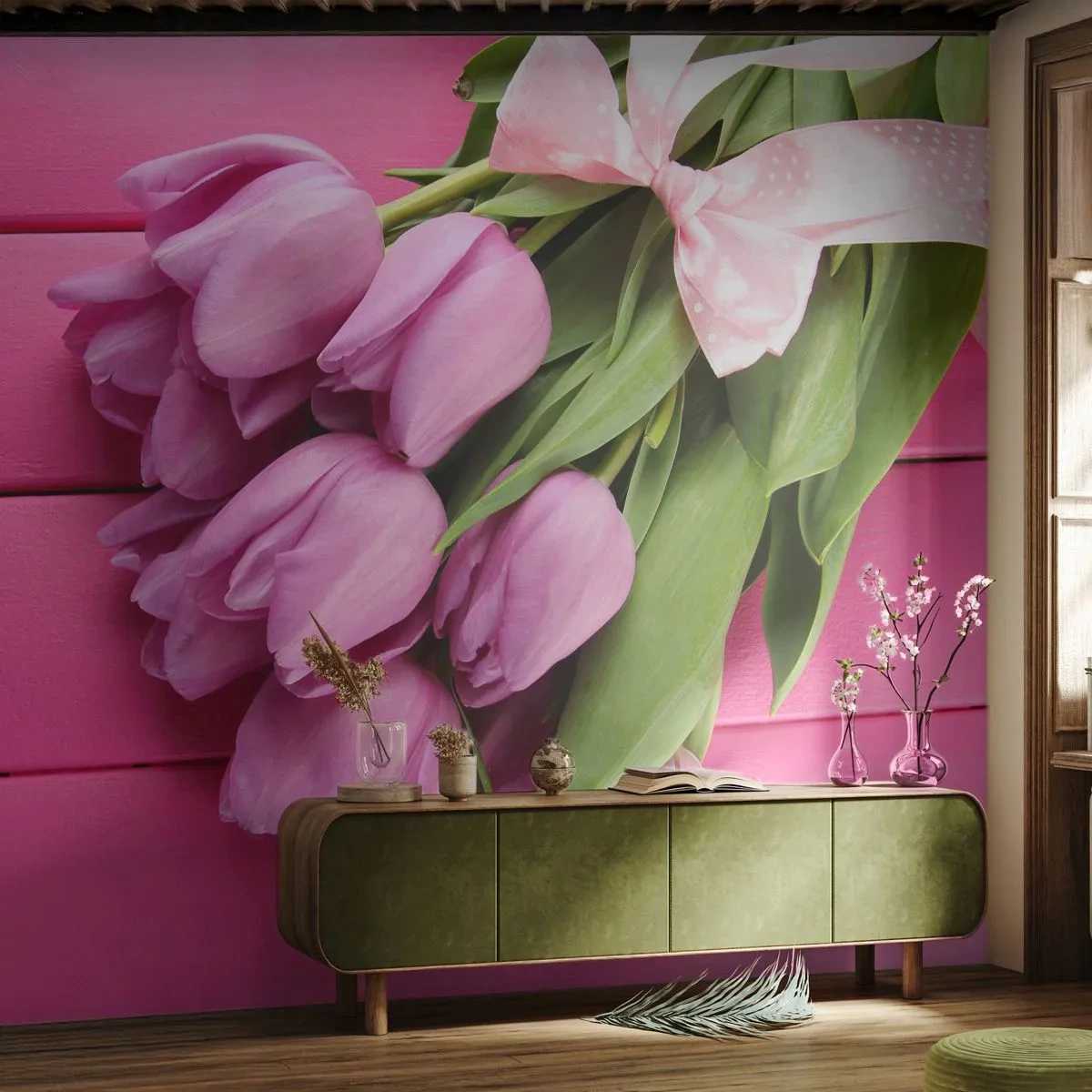 Fototapete Premium Sand - Strauß lila Tulpen mit rosa Schleife auf Holz - 100x70cm - Nur für dich - Moderne Wanddekoration für Wohnzimmer und Schlafzimmer ARTTOR
