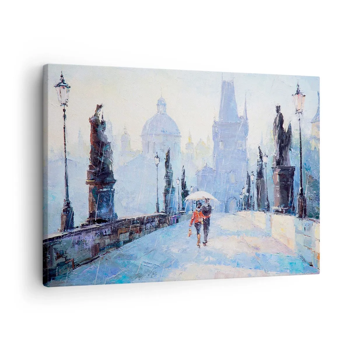 Bild auf Leinwand - Leinwandbild - Romantisches Paar auf einer Brücke im Regen, eine malerische Szene - 70x50cm - Der Regen muss uns verzaubert haben - Moderne Wanddekoration für Wohnzimmer und Schlafzimmer ARTTOR