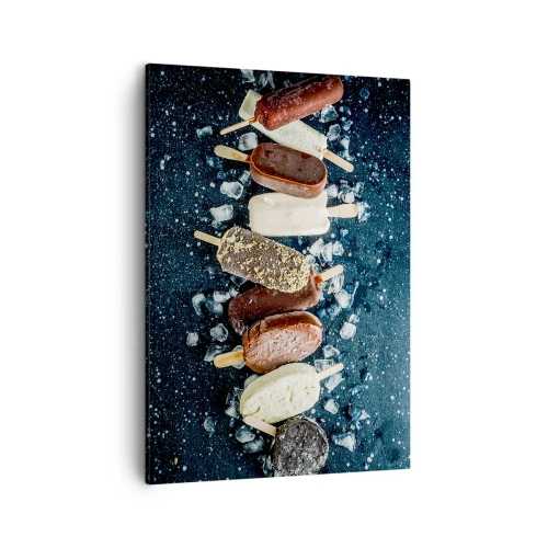Bild auf Leinwand - Leinwandbild - Bunte Eislutscher auf Eis mit dunklem Hintergrund angeordnet - 50x70cm - Geschmack des heißen Sommers - Moderne Wanddekoration für Wohnzimmer und Schlafzimmer ARTTOR