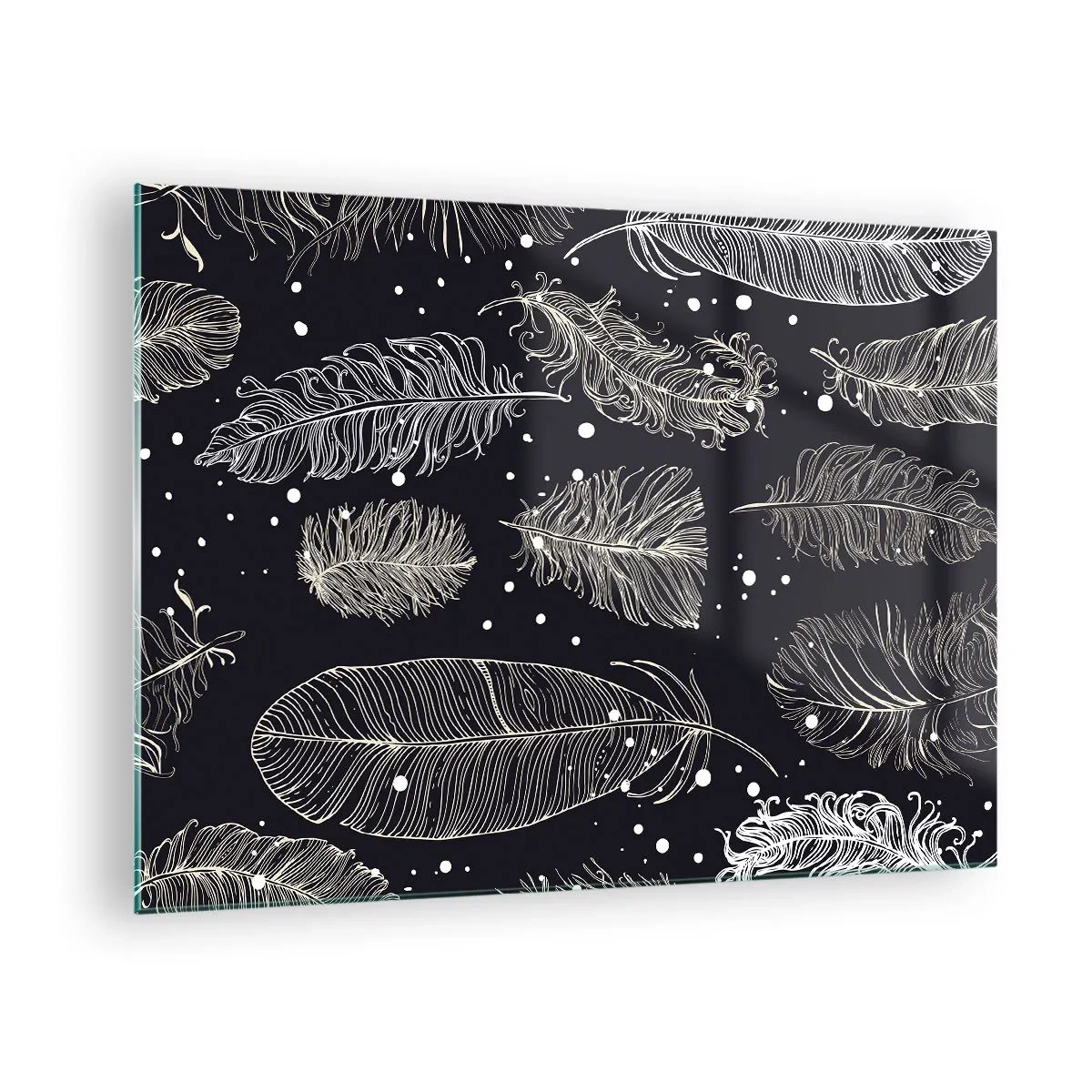 Glasbild - Bild auf glas - Weiße Federn auf schwarzem Hintergrund mit subtilen Details - 70x50cm - Gefiederte Spitze - Moderne Wanddekoration für Wohnzimmer und Schlafzimmer ARTTOR