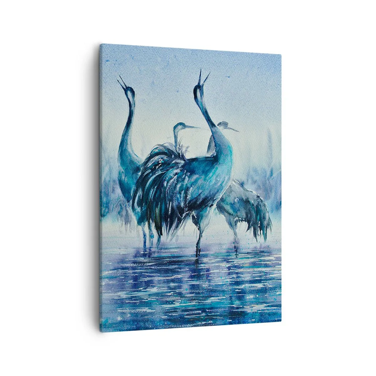 Bild auf Leinwand - Leinwandbild - Kräne vor dem Hintergrund von Nebel und Wasser in Blautönen - 50x70cm - Morgentliches Treffen - Moderne Wanddekoration für Wohnzimmer und Schlafzimmer ARTTOR