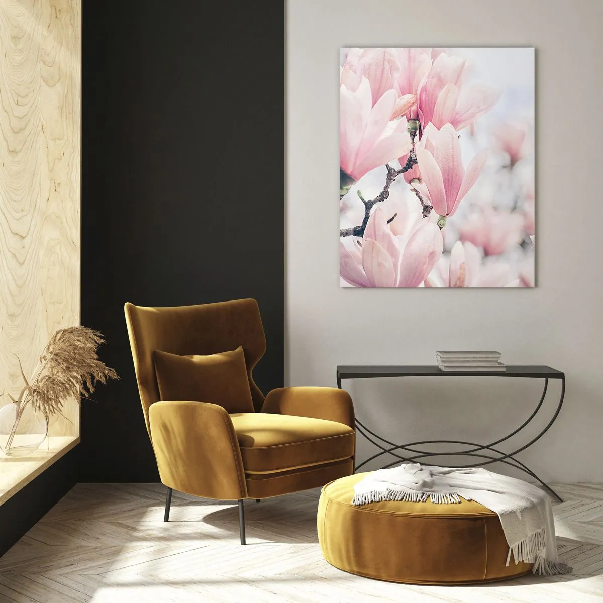 Glasbild - Bild auf glas - Zart rosa Magnolien auf hellem Untergrund - 50x70cm - Das Ideal der Subtilität - Moderne Wanddekoration für Wohnzimmer und Schlafzimmer ARTTOR