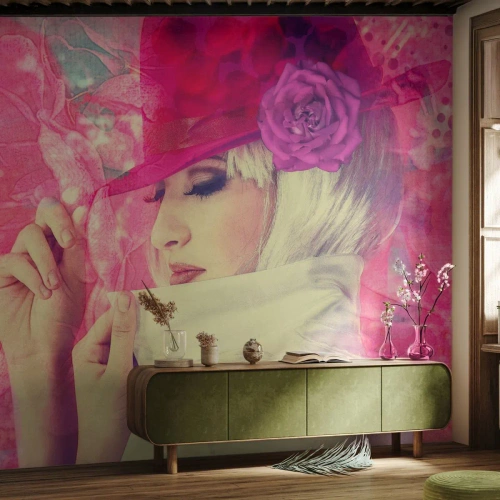 Fototapete Premium Canvas - Retro-Porträt in einem rosa Nebel - Frau, In, A, Hat, Blumen, Mode - 300x210 cm