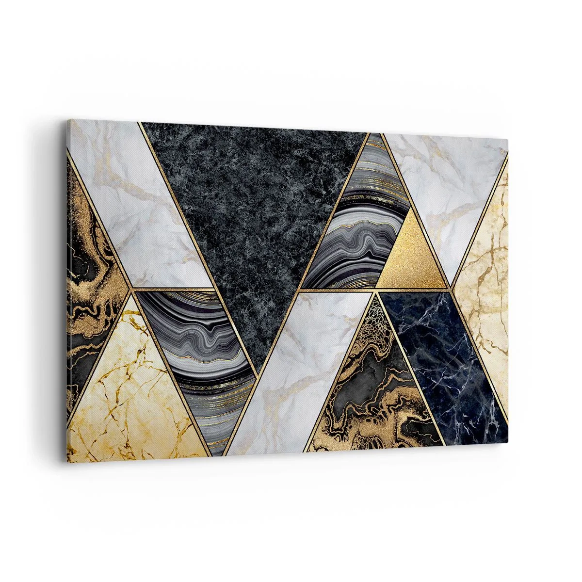 Bild auf Leinwand - Leinwandbild - Geometrische Dreiecke in Gold, Marmor und dunklen Farbtönen - 120x80cm - Stein um Stein - Moderne Wanddekoration für Wohnzimmer und Schlafzimmer ARTTOR