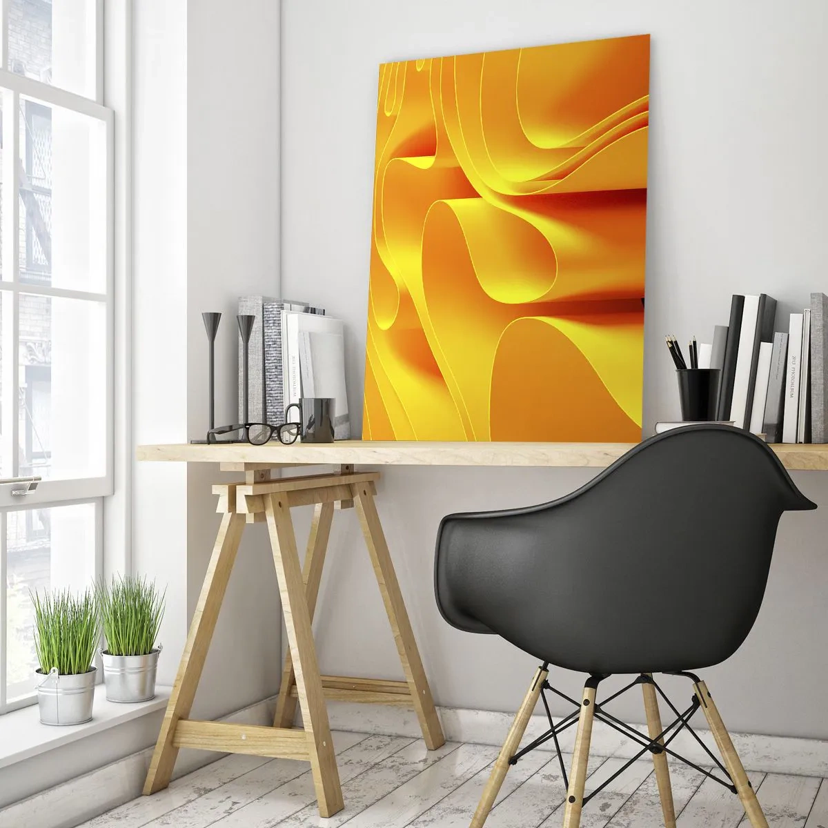 Glasbild - Bild auf glas - Abstrakte Wellen in Gold- und Orangetönen - 50x70cm - Wie Sonnenwellen - Moderne Wanddekoration für Wohnzimmer und Schlafzimmer ARTTOR