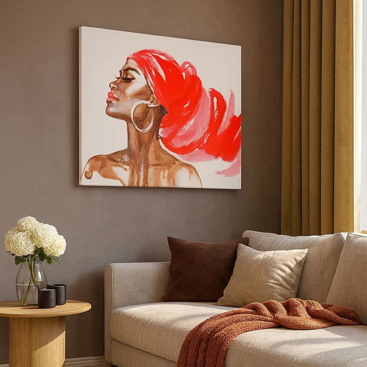 Bild auf Leinwand - Leinwandbild - Profil einer Frau mit rotem Turban und Ohrringen - 70x50cm - Es weht ein Wind, der die Nase eines Mannes öffnet - Moderne Wanddekoration für Wohnzimmer und Schlafzimmer ARTTOR