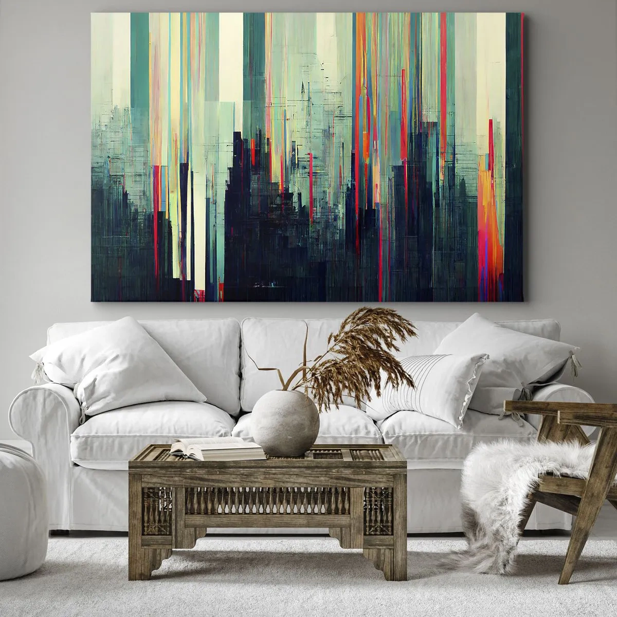 Bild auf Leinwand - Leinwandbild - Abstraktion mit vertikalen Linien und einer Stadtsilhouette - 70x50cm - Futuristische Stadt - Moderne Wanddekoration für Wohnzimmer und Schlafzimmer ARTTOR