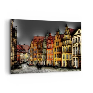 Bild auf Leinwand - Leinwandbild - Bunte Mietshäuser auf einer Kopfsteinpflasterstraße in der historischen Stadt - 120x80cm - Es fehlt nur noch ein verzaubertes Taxi - Moderne Wanddekoration für Wohnzimmer und Schlafzimmer ARTTOR