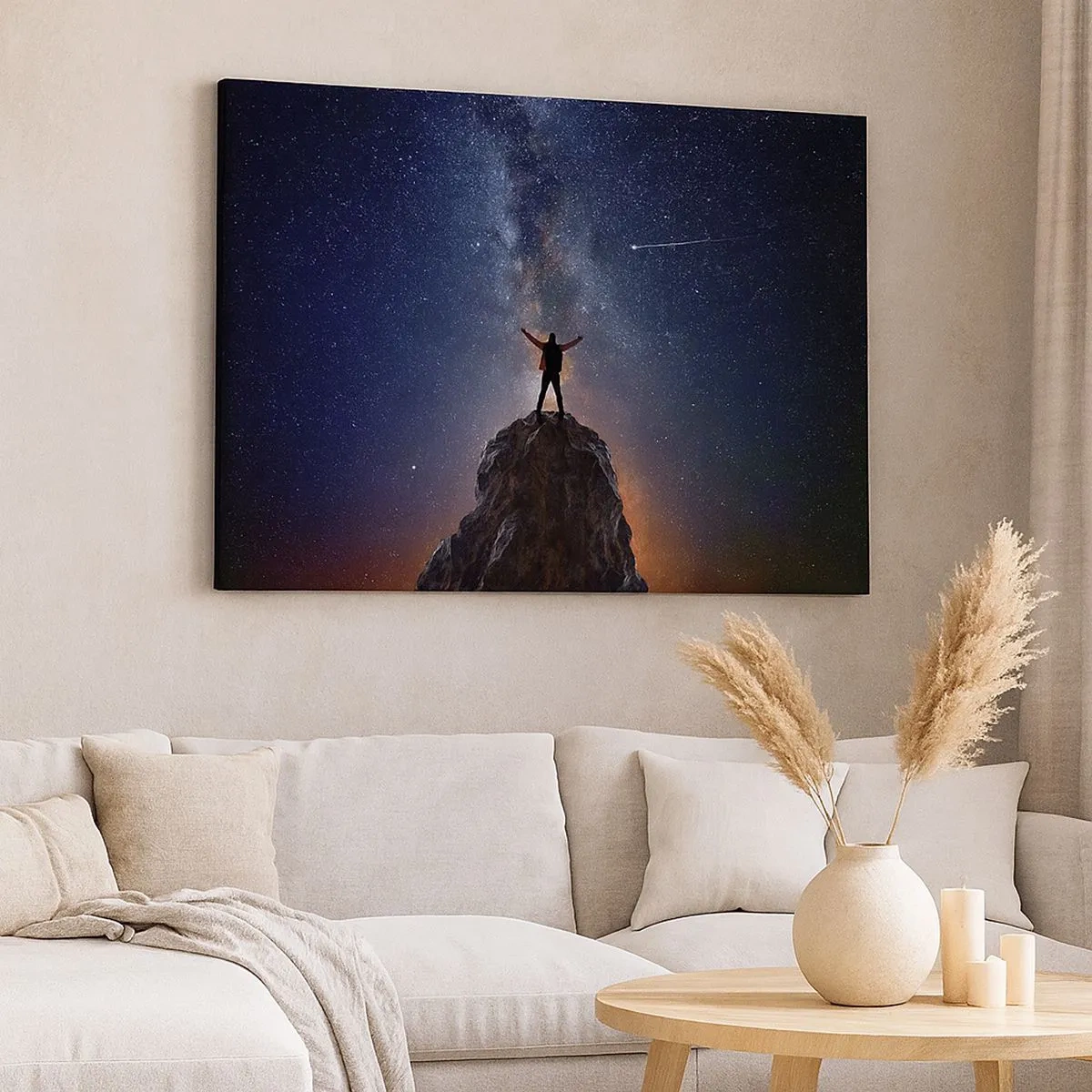 Bild auf Leinwand - Leinwandbild - Eine Figur auf einem Berggipfel unter einem Sternenhimmel - 70x50cm - Die Macht ist mit mir! - Moderne Wanddekoration für Wohnzimmer und Schlafzimmer ARTTOR