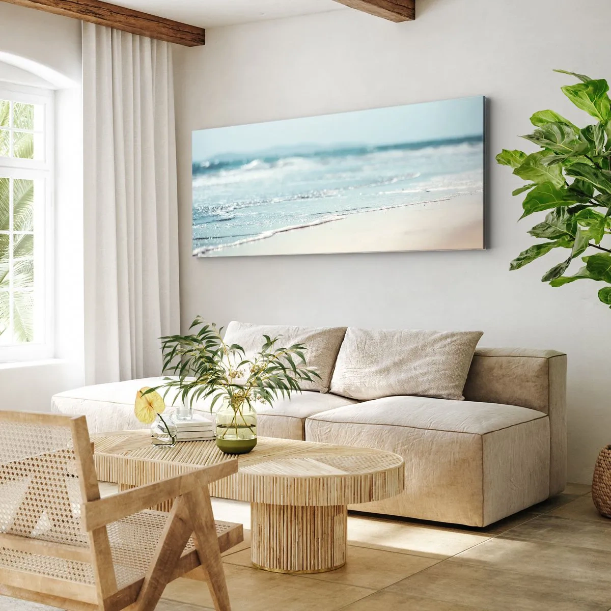 Bild auf Leinwand - Leinwandbild - Sanfte Meereswellen an einem Sandstrand - 120x50cm - Hitze und Lärm - Moderne Wanddekoration für Wohnzimmer und Schlafzimmer ARTTOR