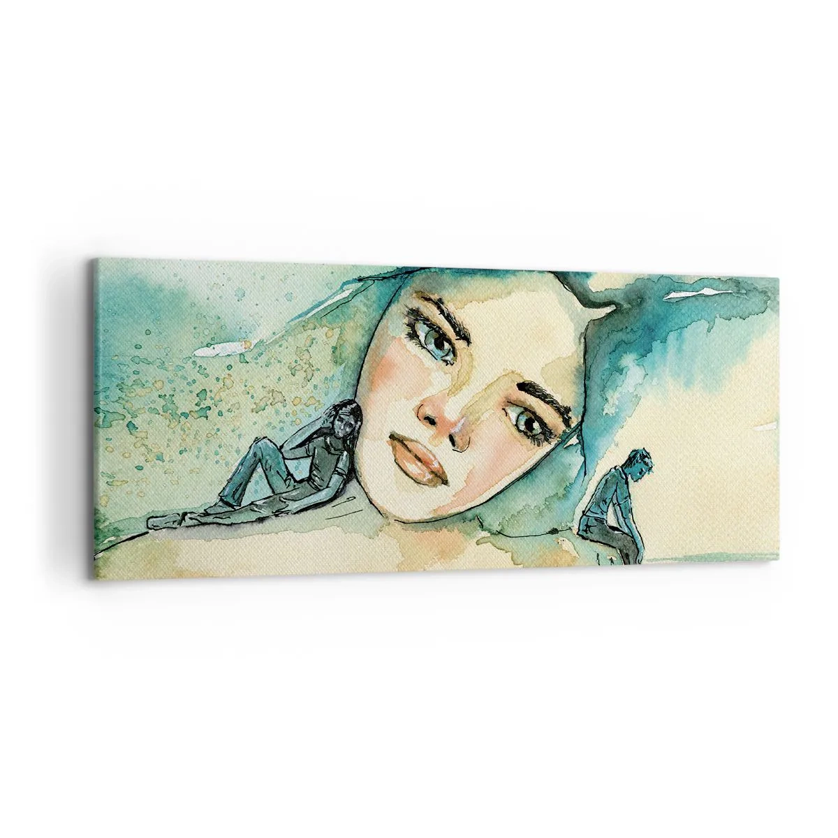 Bild auf Leinwand - Leinwandbild - Aquarell eines Frauengesichts mit reflektierendem Motiv - 120x50cm - Bin ich blau? - Moderne Wanddekoration für Wohnzimmer und Schlafzimmer ARTTOR