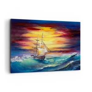 Bild auf Leinwand - Leinwandbild - Ein Segelschiff vor der Kulisse eines farbenfrohen Sonnenuntergangs - 120x80cm - Tapfer unter den Wellen - Moderne Wanddekoration für Wohnzimmer und Schlafzimmer ARTTOR