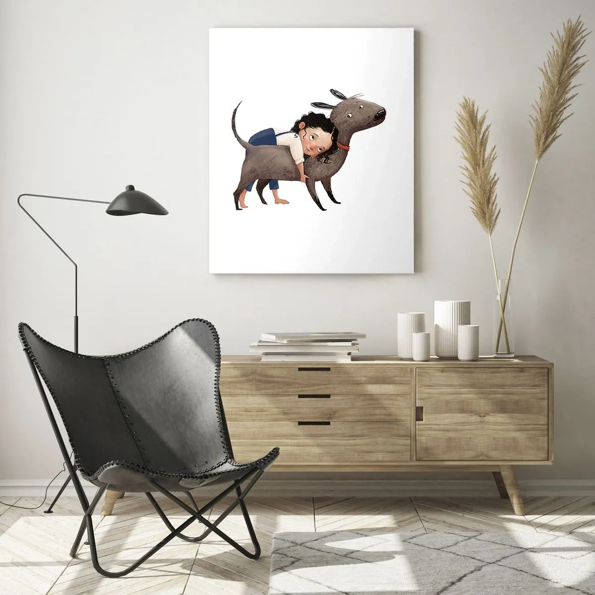 Glasbild - Bild auf glas - Cartoonartige Illustration eines Kindes, das einen Hund umarmt - 80x120cm - Beste Freunde - Moderne Wanddekoration für Wohnzimmer und Schlafzimmer ARTTOR