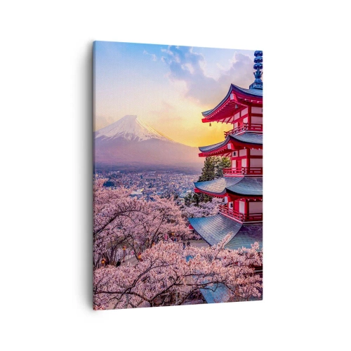 Bild auf Leinwand - Leinwandbild - Eine Pagode in Japan mit Kirschblüten und dem Berg Fuji - 50x70cm - Die Essenz des japanischen Geistes - Moderne Wanddekoration für Wohnzimmer und Schlafzimmer ARTTOR