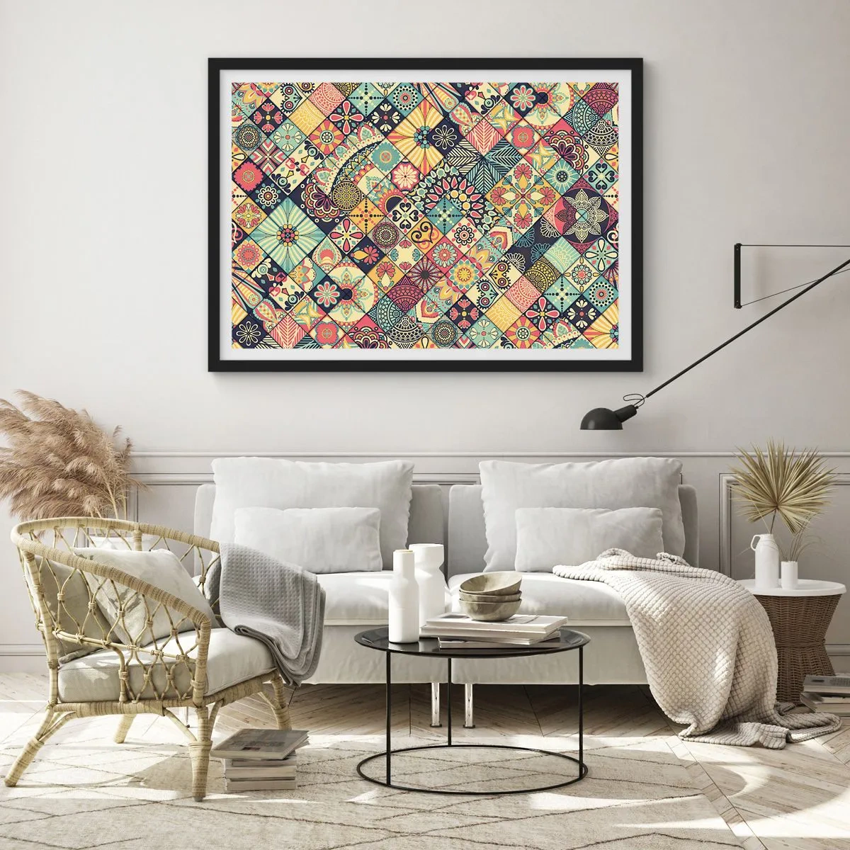 Poster in einem schwarzem Rahmen - Bunte geometrische Muster, inspiriert vom marokkanischen Stil - 70x50cm - marokkanische Atmosphäre - Moderne Wanddekoration für Wohnzimmer und Schlafzimmer ARTTOR