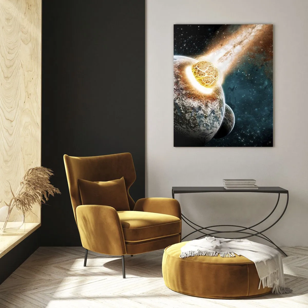Glasbild - Bild auf glas - Kosmische Kollision eines Planeten mit einem Asteroiden in der Nähe der Galaxie. - 70x100cm - Holocaust oder Geburt? - Moderne Wanddekoration für Wohnzimmer und Schlafzimmer ARTTOR