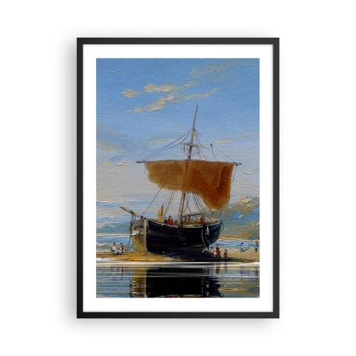 Poster in einem schwarzem Rahmen - Ein traditionelles Segelboot am Ufer mit seiner Spiegelung im Wasser - 50x70cm - Wasser, Land, Luft - Moderne Wanddekoration für Wohnzimmer und Schlafzimmer ARTTOR