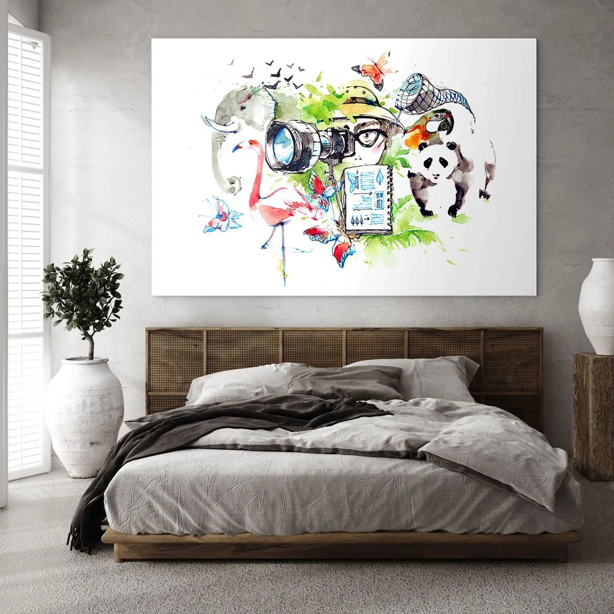 Glasbild - Bild auf glas - Illustration eines Fotografen mit einer Kamera und Tieren - 100x70cm - In der Linse eines Reisenden - Moderne Wanddekoration für Wohnzimmer und Schlafzimmer ARTTOR