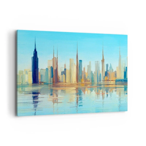 Bild auf Leinwand - Leinwandbild - Ein Panorama der Stadt in warmen Farben mit Spiegelung im Wasser - 100x70cm - Sonnige Metropole - Moderne Wanddekoration für Wohnzimmer und Schlafzimmer ARTTOR