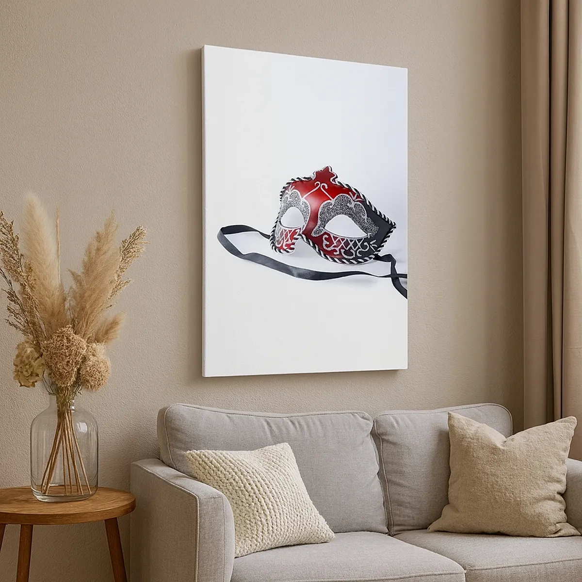 Bild auf Leinwand - Leinwandbild - Rote Karnevalsmaske auf hellem Hintergrund - 50x70cm - Einladung zum Abschlussball - Moderne Wanddekoration für Wohnzimmer und Schlafzimmer ARTTOR