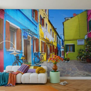 Fototapete Standard Eco - Pastell, süße Gasse - Stadt, Fahrräder, Gasse - 300x210 cm