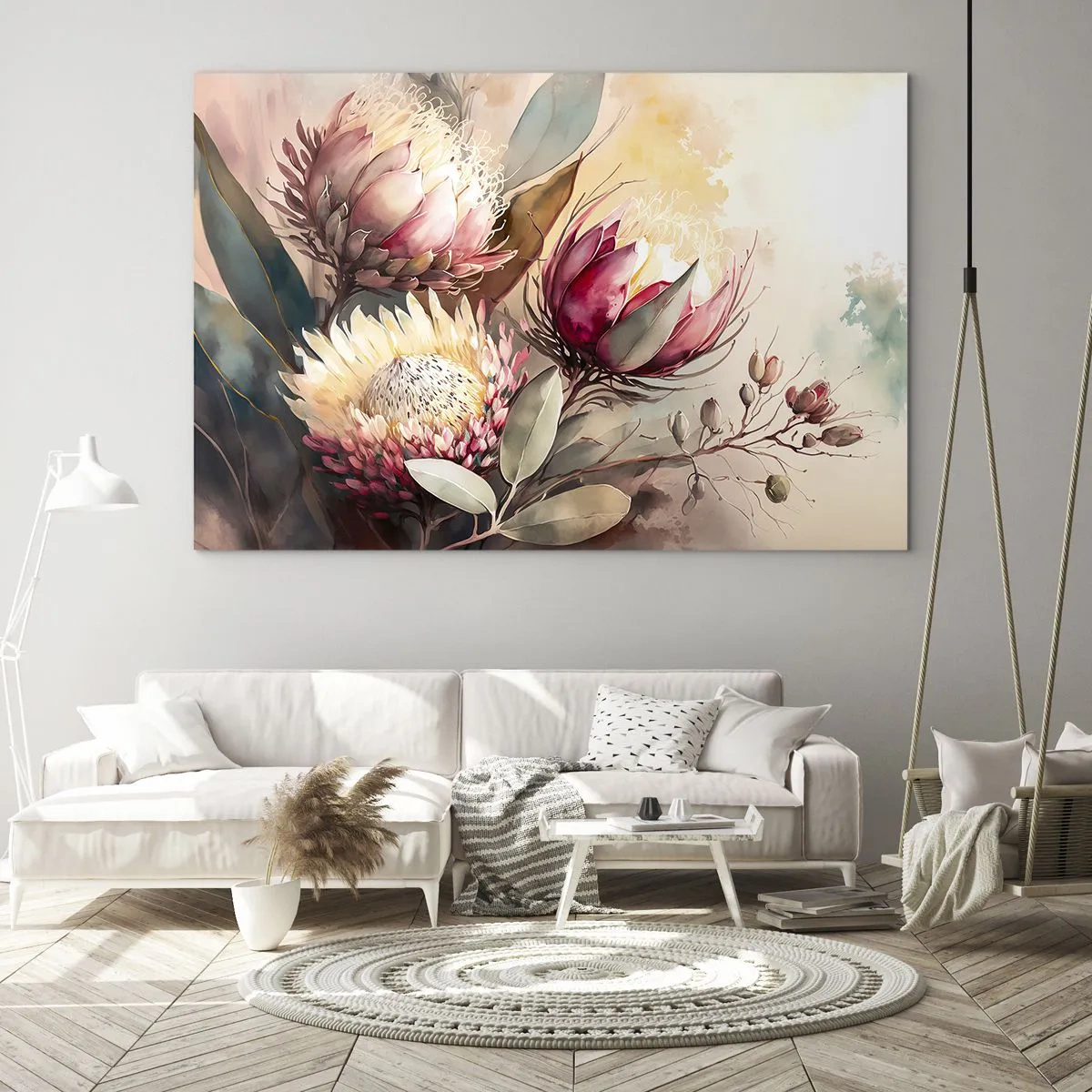 Glasbild - Bild auf glas - Protea-Blüten in Pastellfarben auf künstlerischem Hintergrund - 100x70cm - Im Profil und en face - Moderne Wanddekoration für Wohnzimmer und Schlafzimmer ARTTOR