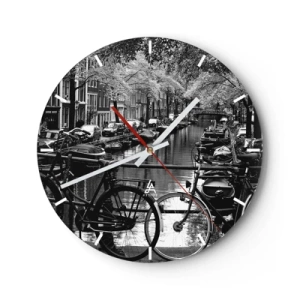 Wanduhr - Glasuhr - Schwarz-Weiß-Ansicht eines Kanals mit Fahrrädern in Amsterdam - 30x30cm - Ein sehr holländischer Anblick - Moderne Wanddekoration für Wohnzimmer, Küche und Schlafzimmer ARTTOR