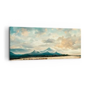 Bild auf Leinwand - Leinwandbild - Eine malerische Landschaft mit einem Berg und einem ruhigen See - 120x50cm - Unter dem Schutz des Himmels - Moderne Wanddekoration für Wohnzimmer und Schlafzimmer ARTTOR