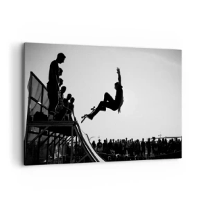Bild auf Leinwand - Leinwandbild - Schwarz-weiße Skateboardszene auf einer Rampe - 120x80cm - Helden und Zuschauer - Moderne Wanddekoration für Wohnzimmer und Schlafzimmer ARTTOR