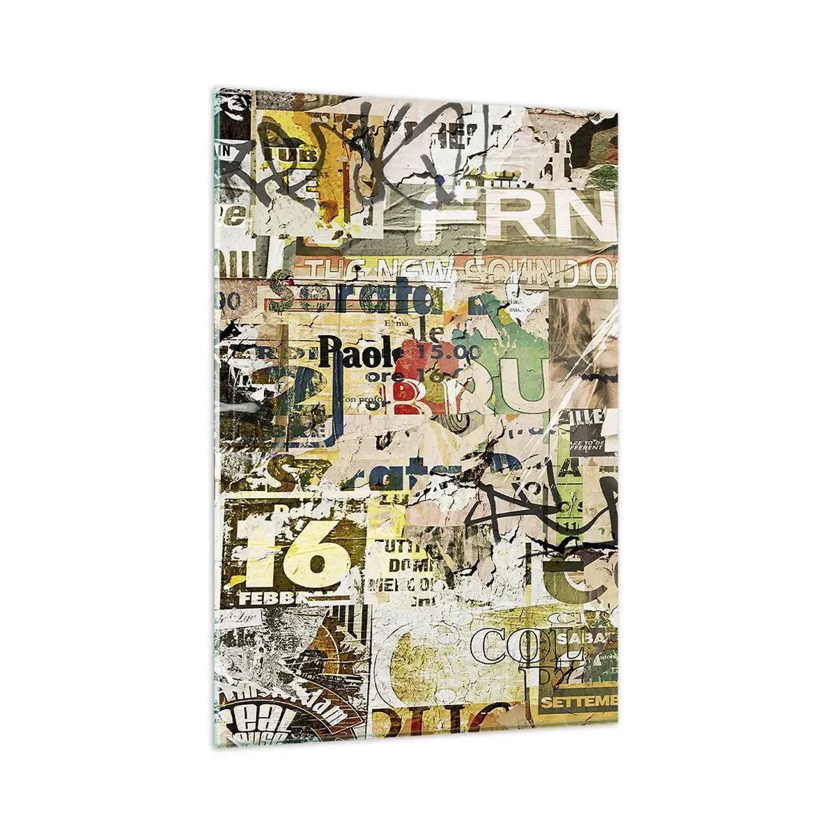 Glasbild - Bild auf glas - Eine Collage aus Zeitungs- und Plakatfragmenten im künstlerischen Stil. - 80x120cm - Ach, es passiert... - Moderne Wanddekoration für Wohnzimmer und Schlafzimmer ARTTOR