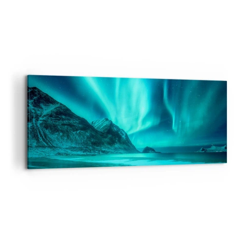 Bild auf Leinwand - Leinwandbild - Aurora Borealis über einer bergigen Winterlandschaft - 120x50cm - Wunder des Nordens - Moderne Wanddekoration für Wohnzimmer und Schlafzimmer ARTTOR
