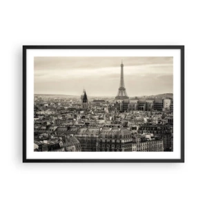 Poster in einem schwarzem Rahmen - Panorama von Paris mit dem Eiffelturm in Sepiatönen - 70x50cm - Über den Dächern von Paris - Moderne Wanddekoration für Wohnzimmer und Schlafzimmer ARTTOR