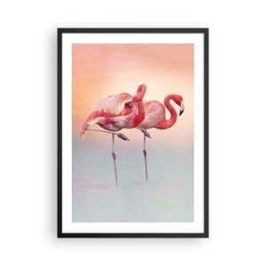 Poster in einem schwarzem Rahmen - Flamingos vor einem pastellfarbenen Sonnenuntergangshintergrund - 50x70cm - Die Farbe der untergehenden Sonne - Moderne Wanddekoration für Wohnzimmer und Schlafzimmer ARTTOR