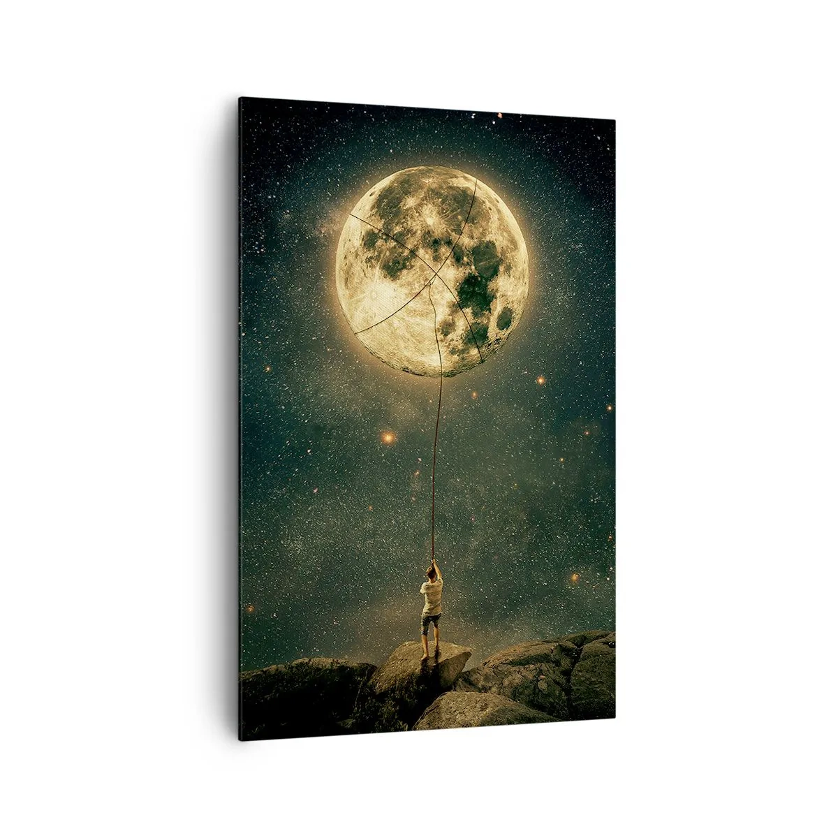Bild auf Leinwand - Leinwandbild - Mann mit dem Mond vor dem Sternenhimmel - 80x120cm - Der Mann, der den Mond gestohlen hat - Moderne Wanddekoration für Wohnzimmer und Schlafzimmer ARTTOR