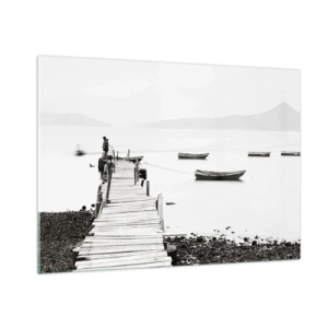 Glasbild - Bild auf glas - Schwarz-Weiß-Ansicht eines Holzstegs über einem See - 100x70cm - Ruhig und sauber über dem Wasser - Moderne Wanddekoration für Wohnzimmer und Schlafzimmer ARTTOR