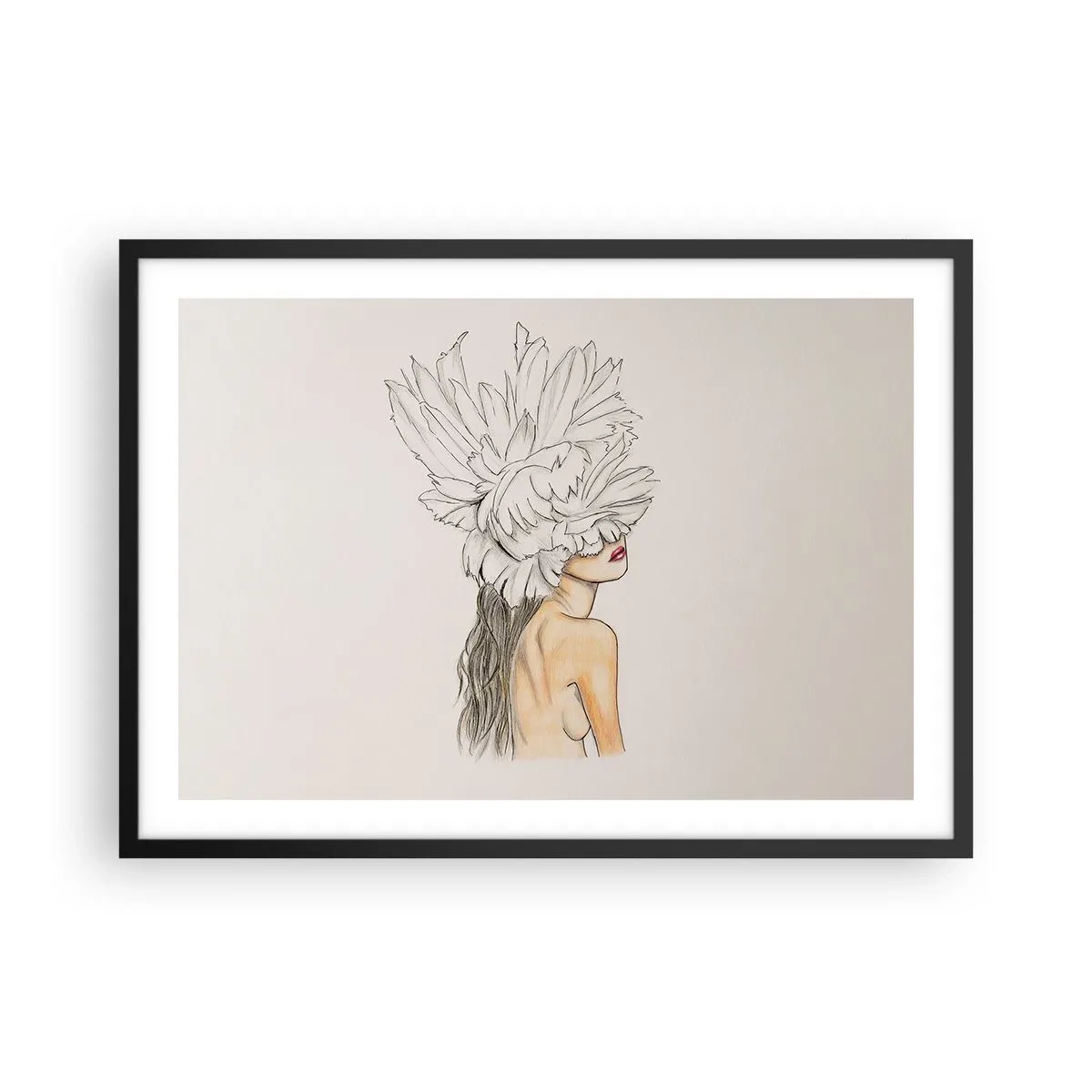 Poster in einem schwarzem Rahmen - Portrait einer Frau mit Federschmuck im künstlerischen Stil - 70x50cm - Gekrönte Schönheit - Moderne Wanddekoration für Wohnzimmer und Schlafzimmer ARTTOR