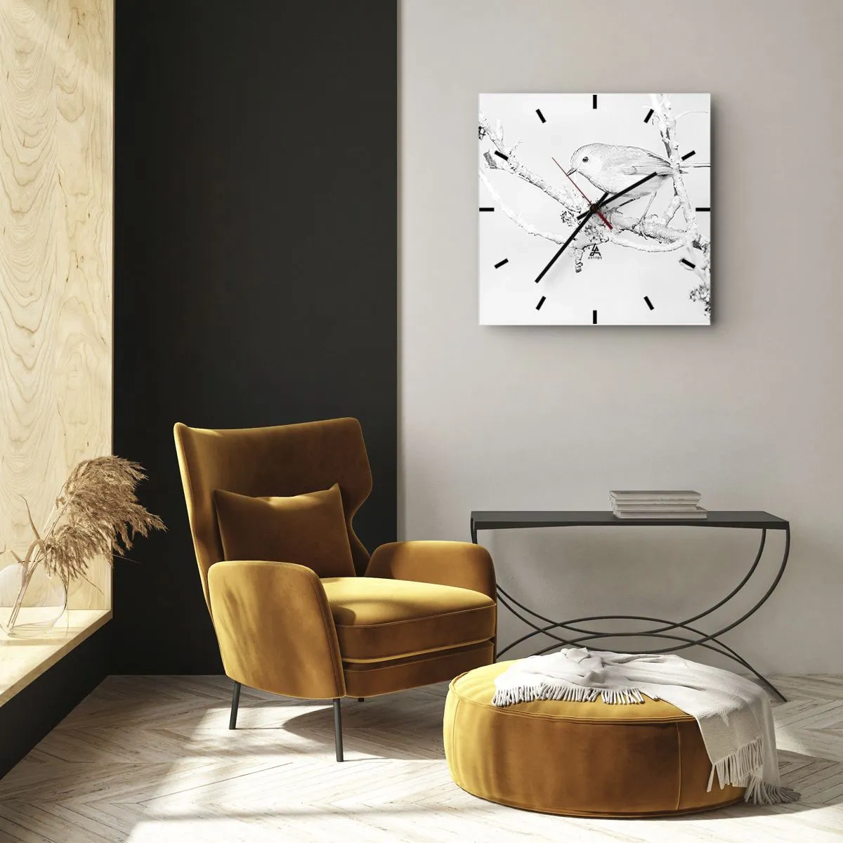 Wanduhr - Glasuhr - Vogel auf einem Ast in Schwarz-Weiß im minimalistischen Stil - 30x30cm - Wintermorgen - Moderne Wanddekoration für Wohnzimmer und Schlafzimmer ARTTOR