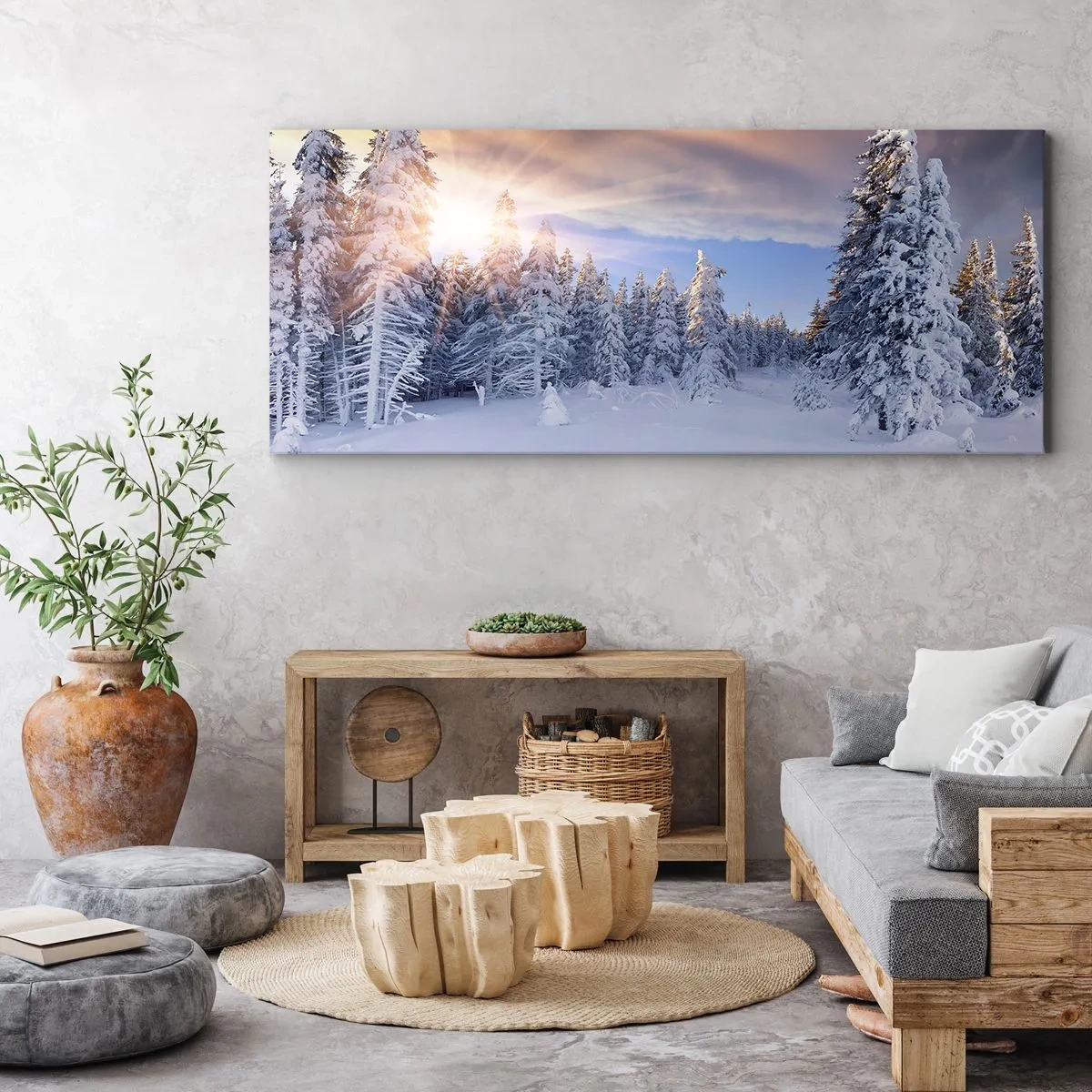 Bild auf Leinwand - Leinwandbild - Winterlandschaft mit schneebedecktem Wald bei Sonnenuntergang - 120x50cm - Ein verschneites Naturschauspiel - Moderne Wanddekoration für Wohnzimmer und Schlafzimmer ARTTOR