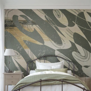 Fototapete Premium Canvas - Dynamische Formen in Grün- und Goldtönen - 100x70cm - Rhythmische Abstraktion - Moderne Wanddekoration für Wohnzimmer und Schlafzimmer ARTTOR