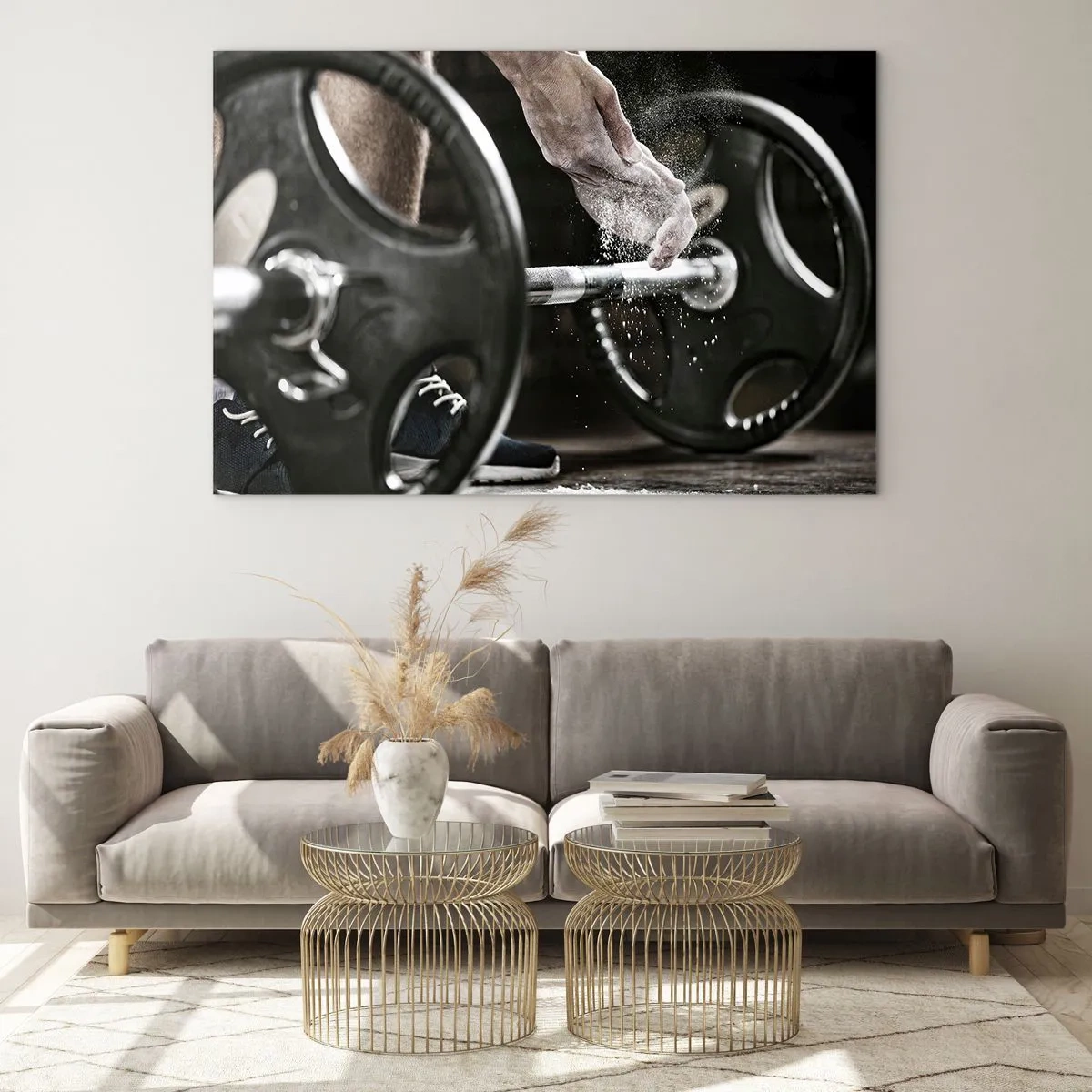 Glasbild - Bild auf glas - Gewichtheben mit Kreide an den Händen und einer Langhantel - 70x50cm - Herausforderung angenommen! - Moderne Wanddekoration für Wohnzimmer und Schlafzimmer ARTTOR