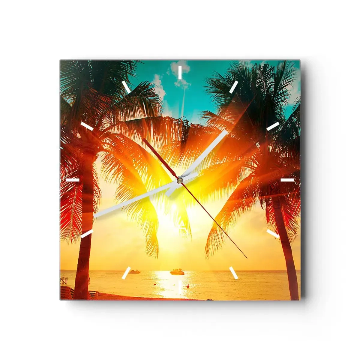 Wanduhr - Glasuhr - Palmen, beleuchtet vom warmen Licht der untergehenden Sonne - 30x30cm - Exotisches Paar - Moderne Wanddekoration für Wohnzimmer und Schlafzimmer ARTTOR