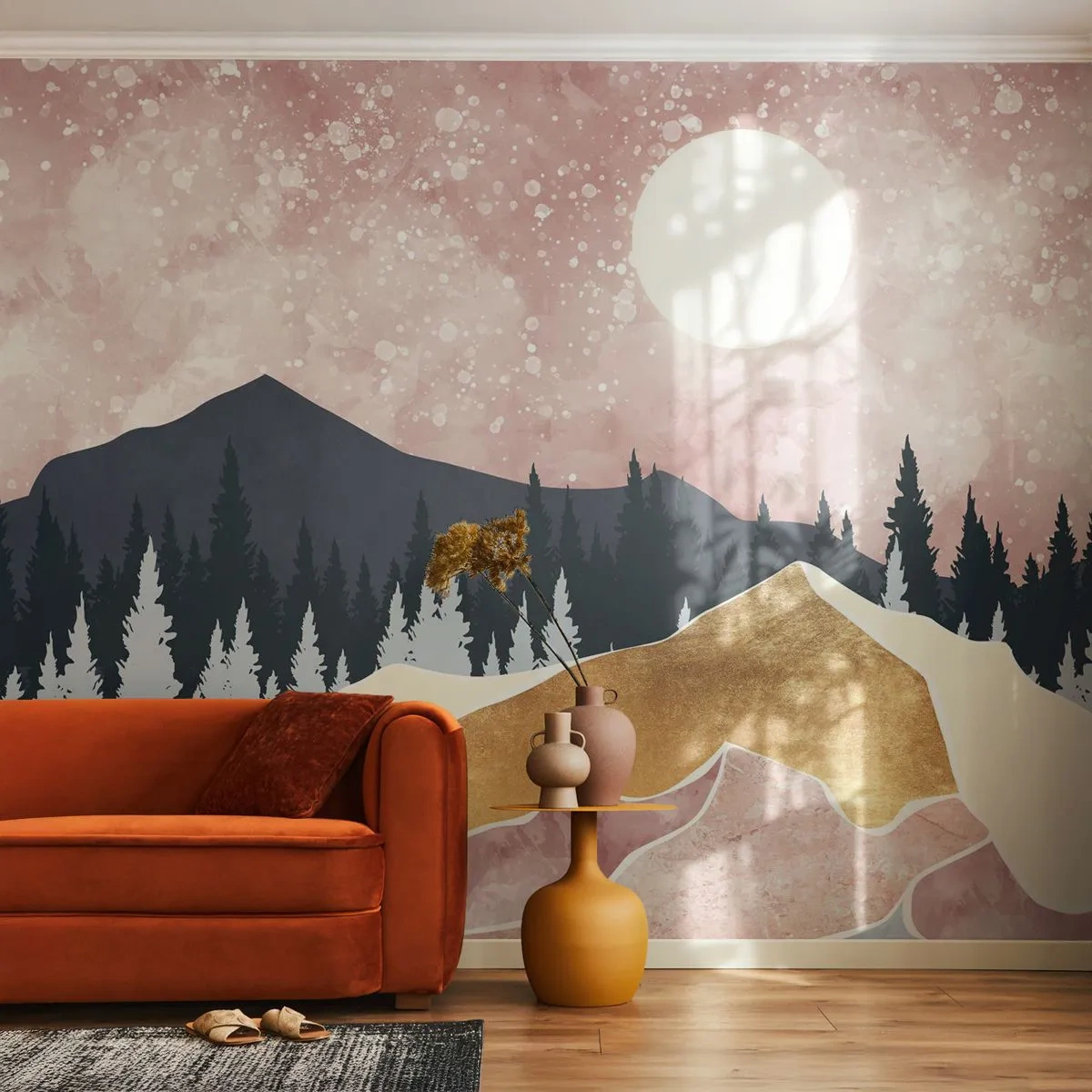 Fototapete Premium Sand - Nachtwache - Grafik, Landschaft, Berge - 100x70 cm