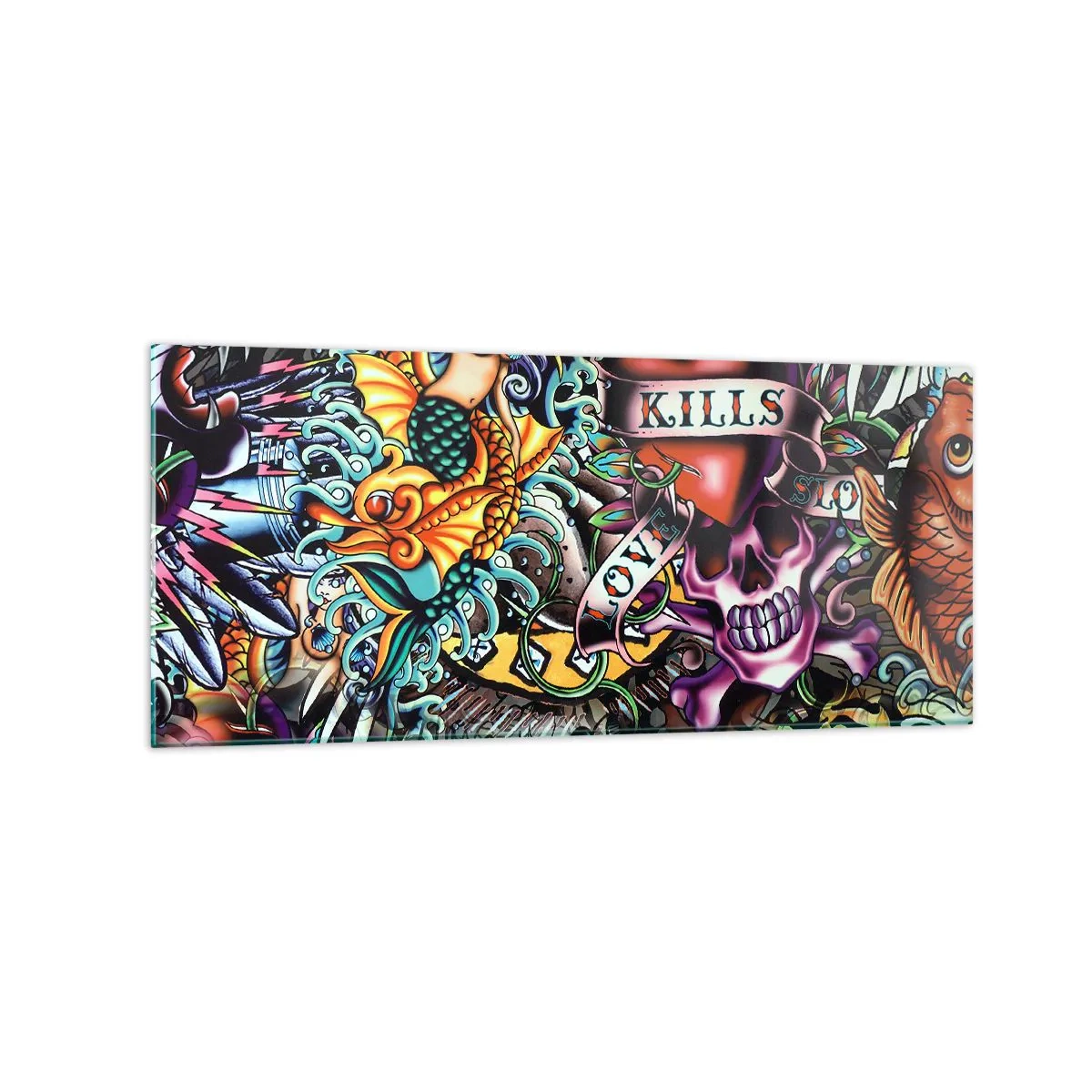 Glasbild - Bild auf glas - Farbenfrohe Kunstwerke im Tattoo-Stil mit Totenköpfen und nautischen Motiven - 120x50cm - Der Traum des Tätowierers - Moderne Wanddekoration für Wohnzimmer und Schlafzimmer ARTTOR
