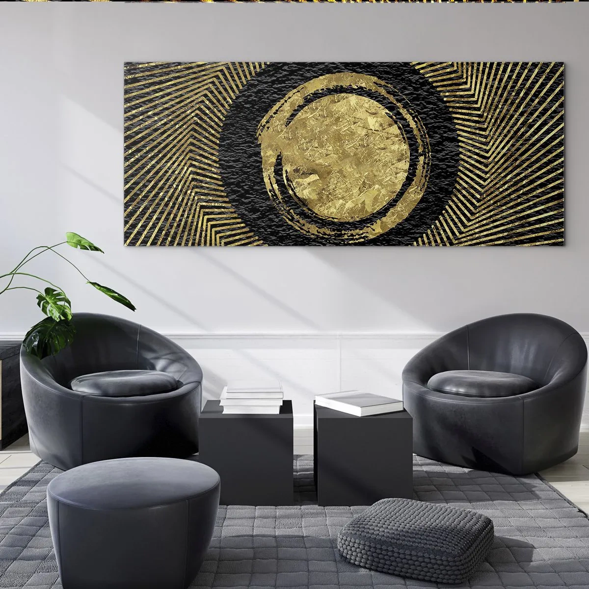 Glasbild - Bild auf glas - Geometrische Komposition in Schwarz und Gold mit Strahlen - 120x50cm - Glamour-Komposition - Moderne Wanddekoration für Wohnzimmer und Schlafzimmer ARTTOR
