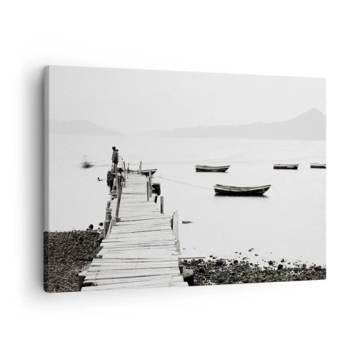 Bild auf Leinwand - Leinwandbild - Holzsteg und Boote auf ruhigem Wasser - 70x50cm - Ruhig und sauber über dem Wasser - Moderne Wanddekoration für Wohnzimmer und Schlafzimmer ARTTOR