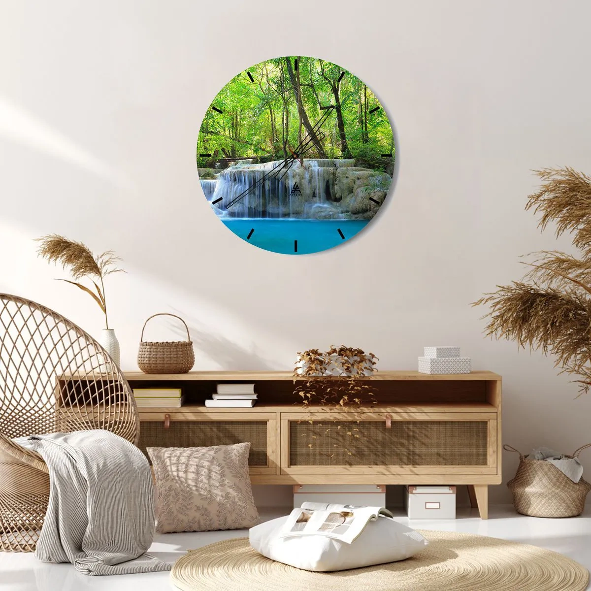 Wanduhr - Glasuhr - Ein Wasserfall, umgeben von grünem Wald und türkisfarbenem Wasser - 30x30cm - In Türkis und Grün ertrinken - Moderne Wanddekoration für Wohnzimmer, Küche und Schlafzimmer ARTTOR