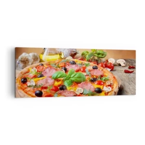 Bild auf Leinwand - Leinwandbild - Appetitliche Pizza auf einem Holztisch mit Belag - 140x50cm - Mit echtem italienischem Flair - Moderne Wanddekoration für Wohnzimmer und Schlafzimmer ARTTOR