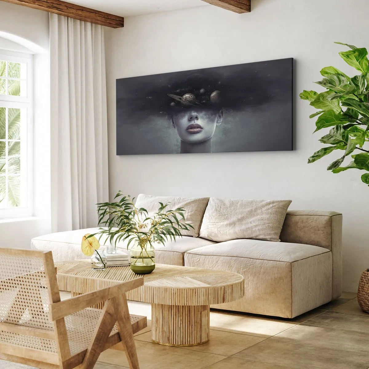 Bild auf Leinwand - Leinwandbild - Ein Frauengesicht mit einem Planeten- und Weltraummotiv im Hintergrund - 160x50cm - Und die Planeten spielen verrückt ... - Moderne Wanddekoration für Wohnzimmer und Schlafzimmer ARTTOR