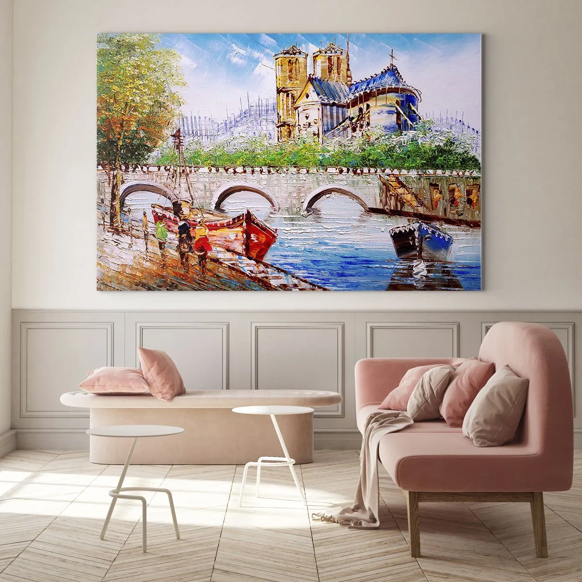 Glasbild - Bild auf glas - Brücke und Boote vor der Kulisse der historischen Kathedrale - 70x50cm - Ihre Zeit vergeht nie - Moderne Wanddekoration für Wohnzimmer und Schlafzimmer ARTTOR